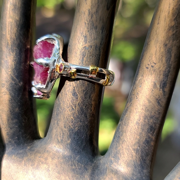 18k RAW Ruby & Rhodolite sterling & gold lattice ring sz8 - Picture 3 of 6